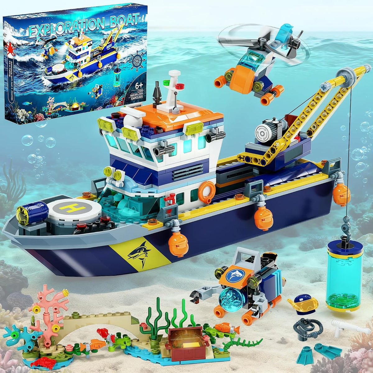 Juego de construcción de barcos flotantes con luz LED, divertido regalo para niños y niñas de 6, 7, 8, 9, 10+, compatible con Lego Ocean Arctic Explorer, kit de bloques de construcción de barcos, decoración de Navidad, recuerdo de fiesta