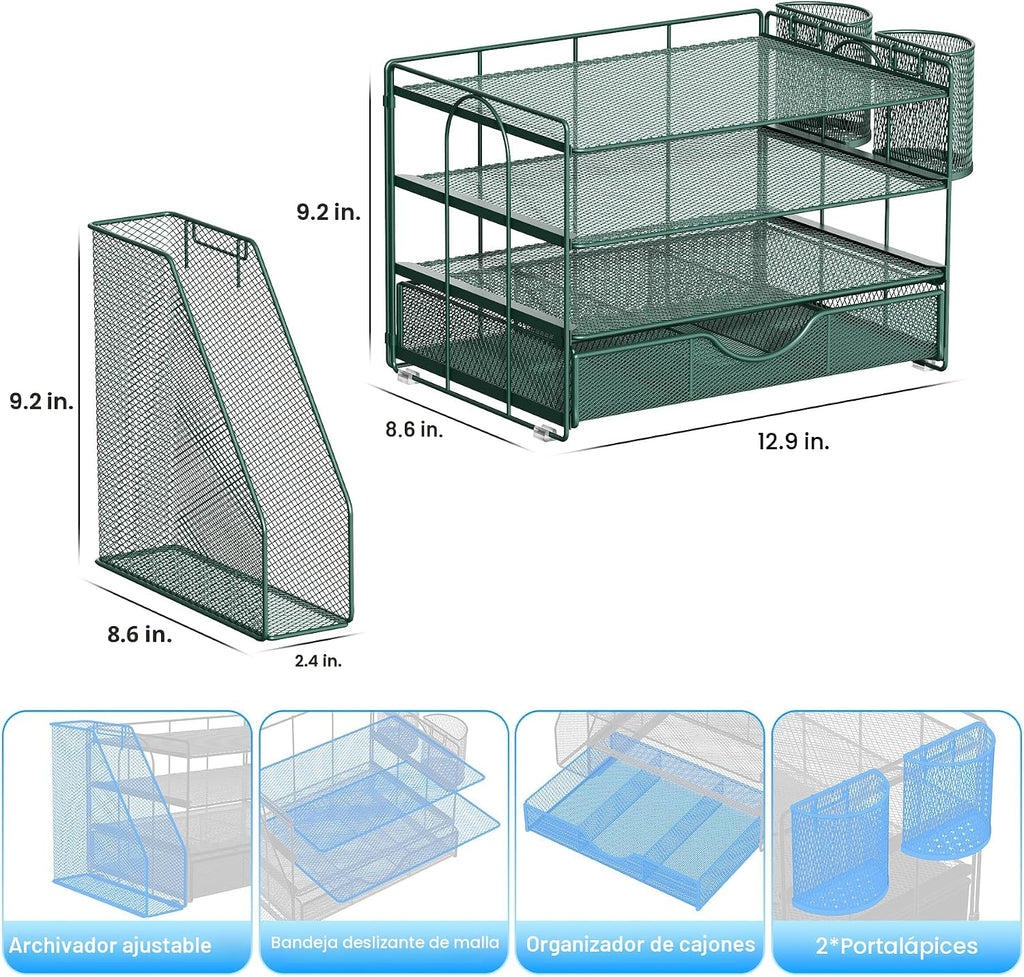 Lámpara gianotter Organizador de escritorio de 4 niveles con cajones, soportes para archivos, bandejas para cartas y soportes para bolígrafos, accesorios de espacio de trabajo para suministros de oficina