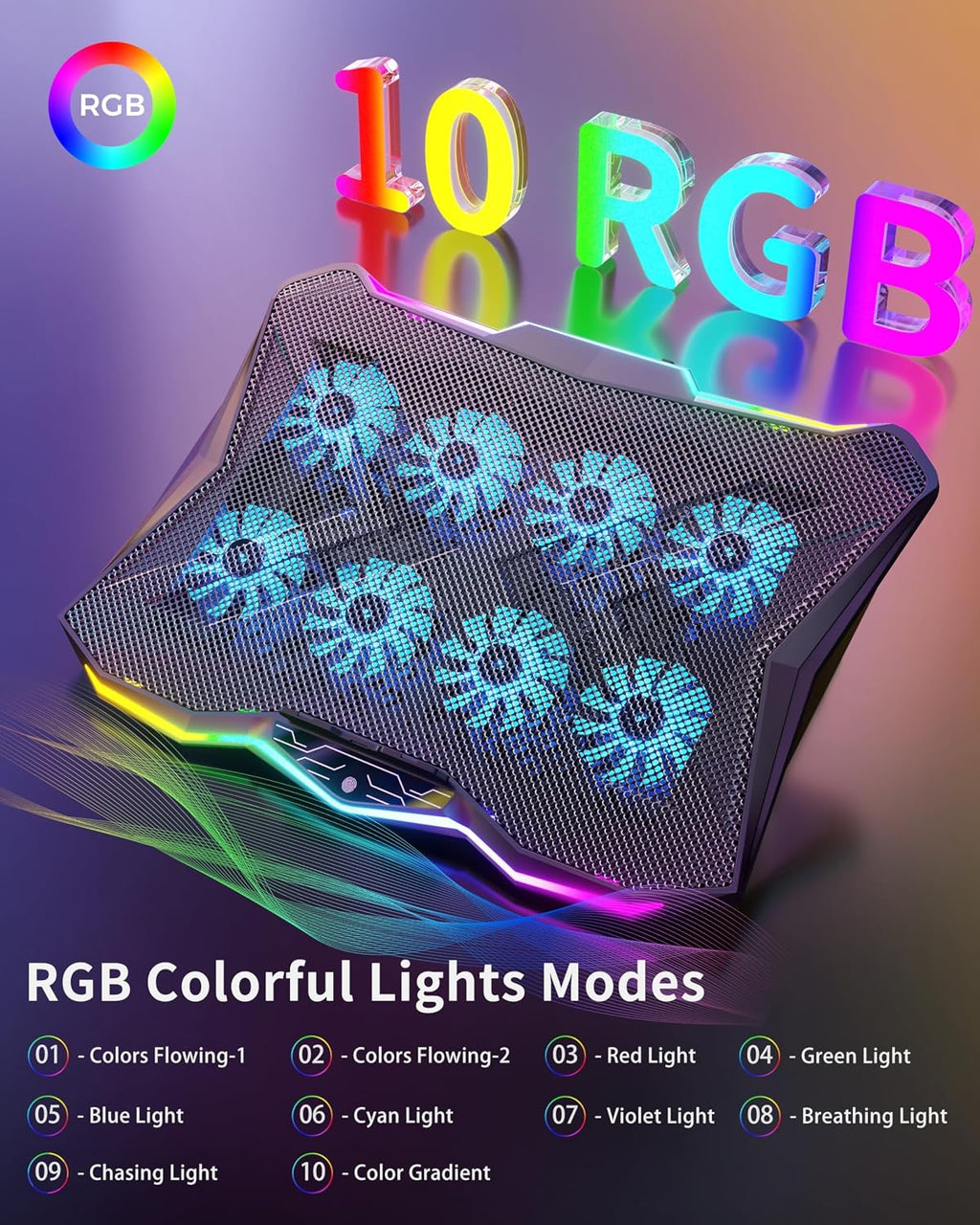 AICHESON Almohadilla de refrigeración para laptop para juegos con 8 ventiladores, soporte de computadora RGB para portátil de 15.6 a 17.3 pulgadas con 7 ranuras de altura, 2 puertos USB, AA3