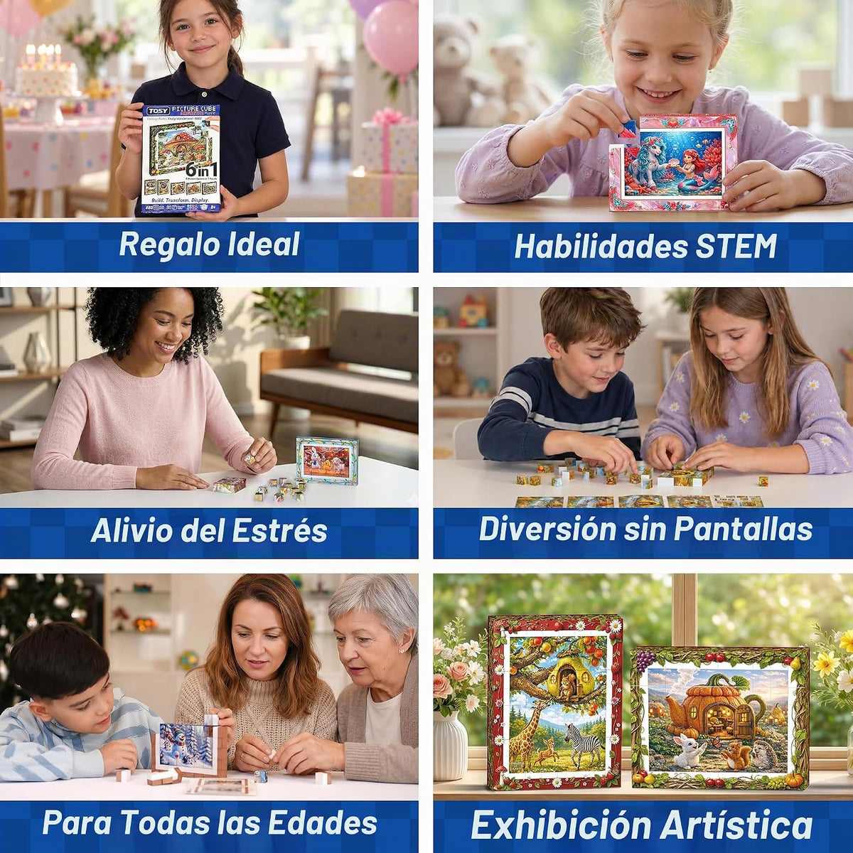 TOSY Picture Cube Life with Dinos: rompecabezas magnético 6 en 1, 80 bloques, 480 caras de rompecabezas, 0.63 pulgadas, B023, arte UV sin costuras, marco listo para exhibición, coleccionable, regalo