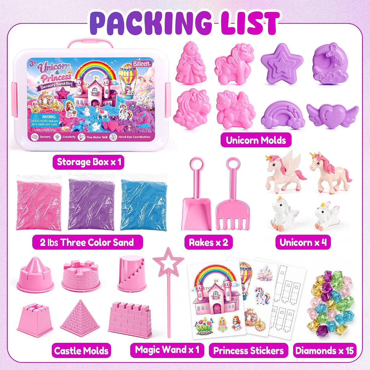 Cubo sensorial de unicornio, kit de arena sensorial de princesa de 28