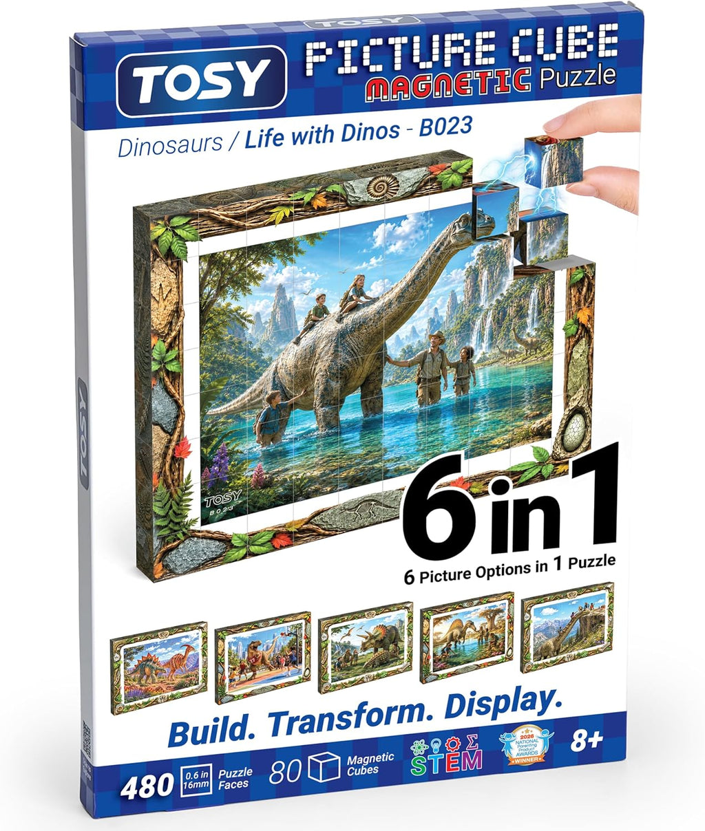 TOSY Picture Cube Life with Dinos: rompecabezas magnético 6 en 1, 80 bloques, 480 caras de rompecabezas, 0.63 pulgadas, B023, arte UV sin costuras, marco listo para exhibición, coleccionable, regalo