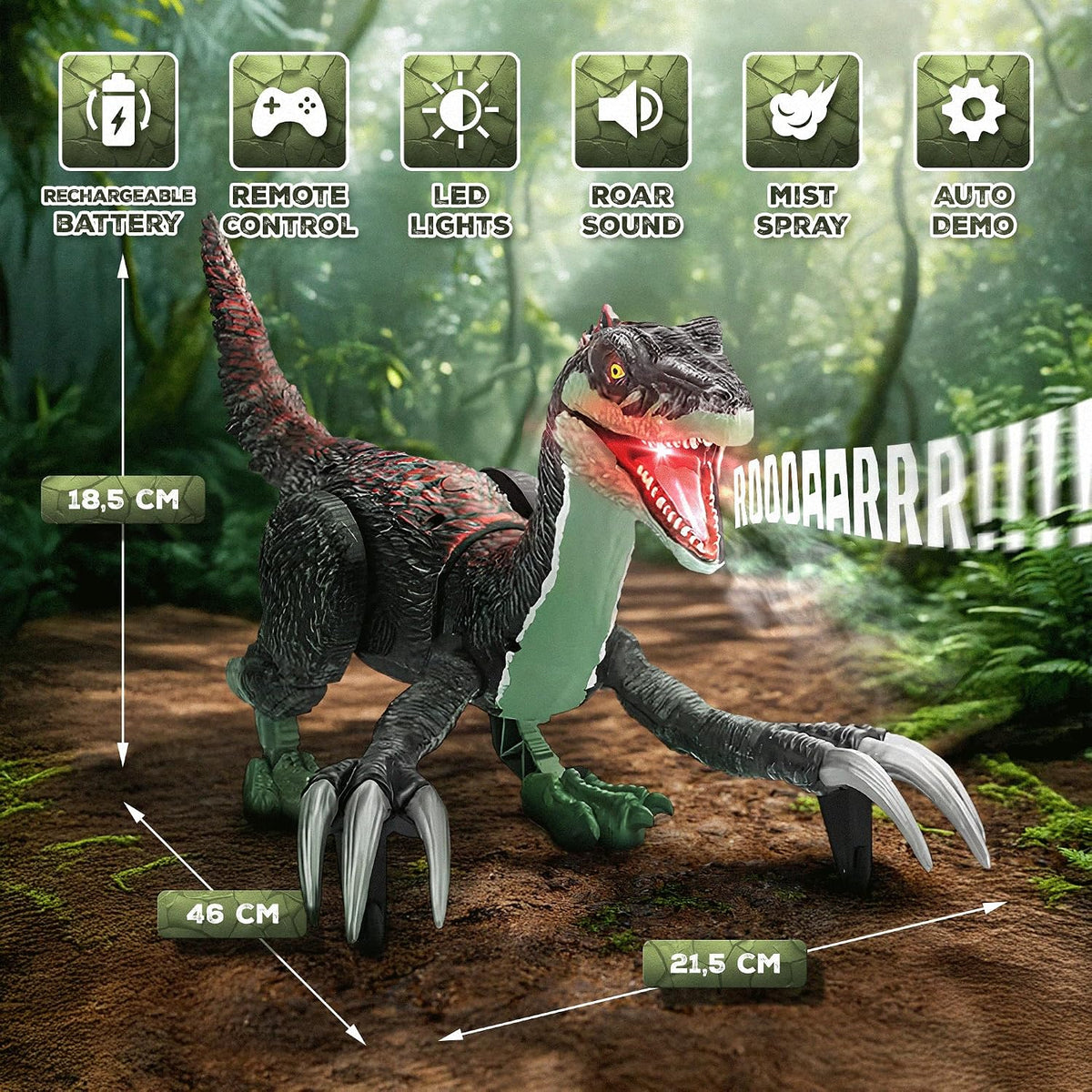 Juguete de dinosaurio a control remoto para niños, dinosaurio a control remoto, juguete velociraptor para caminar con rocío de niebla, luces y rugido, ideas de regalo de cumpleaños para niños y niñas de 3-5, 5, 7, 8-12 años