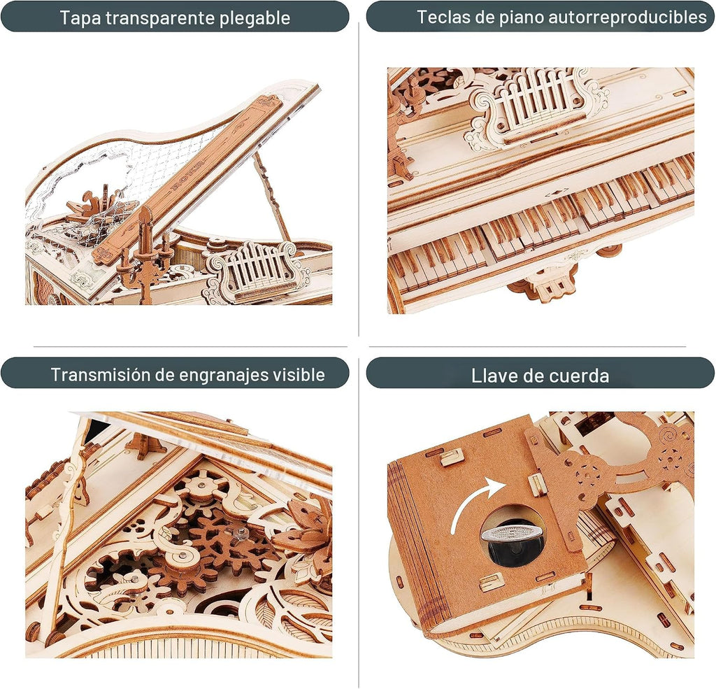 ROKR Rompecabezas de madera 3D para adultos, 223 piezas, kit de modelo de piano a escala 1:20, rompecabezas de construcción, caja de música de madera, regalo único para hombres, mujeres, pasatiempos