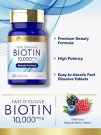 Carlyle Biotin 10000 mcg | 250 tabletas de rápida disolución