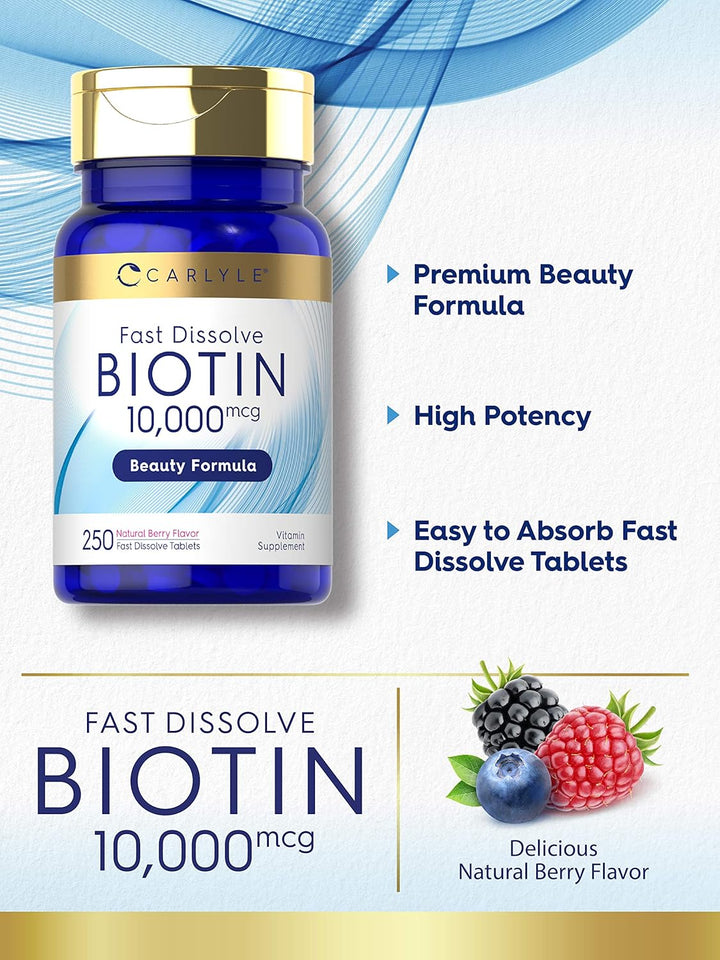 Carlyle Biotin 10000 mcg | 250 tabletas de rápida disolución | Fuer...