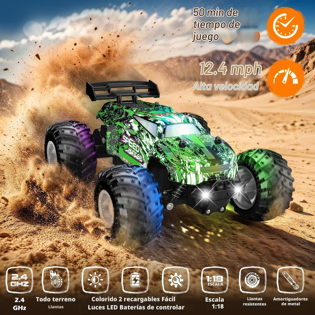 Coche de control remoto todo terreno 1:18 Rc coche con luces LED 2 baterías