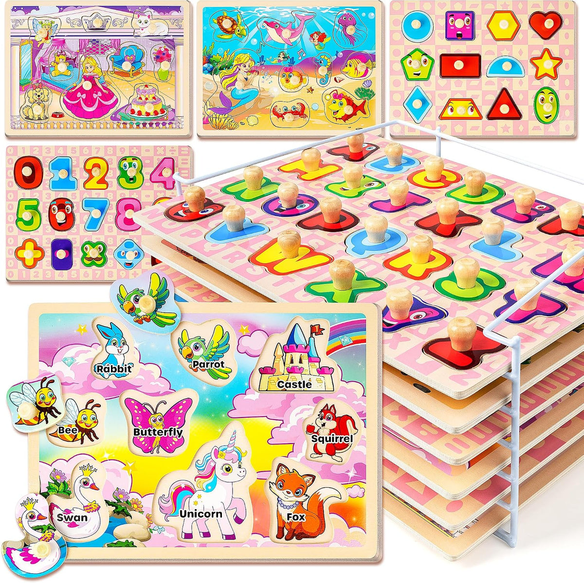 SYNARRY Rompecabezas de madera para niños pequeños de 1 a 3 años, 6 juegos de rompecabezas para niños de 1 a 3 años con estante, aprendiendo con forma de número del alfabeto, unicornio, princesa, sirena, animal, regalos para niñas de 2 a 4 años