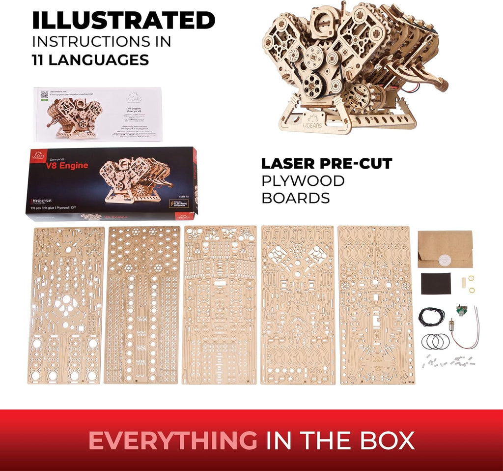 UGEARS V8 Kit de modelo de motor - Rompecabezas de madera 3D para adultos