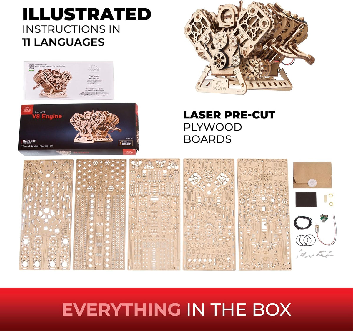 UGEARS V8 Kit de modelo de motor - Rompecabezas de madera 3D para adultos