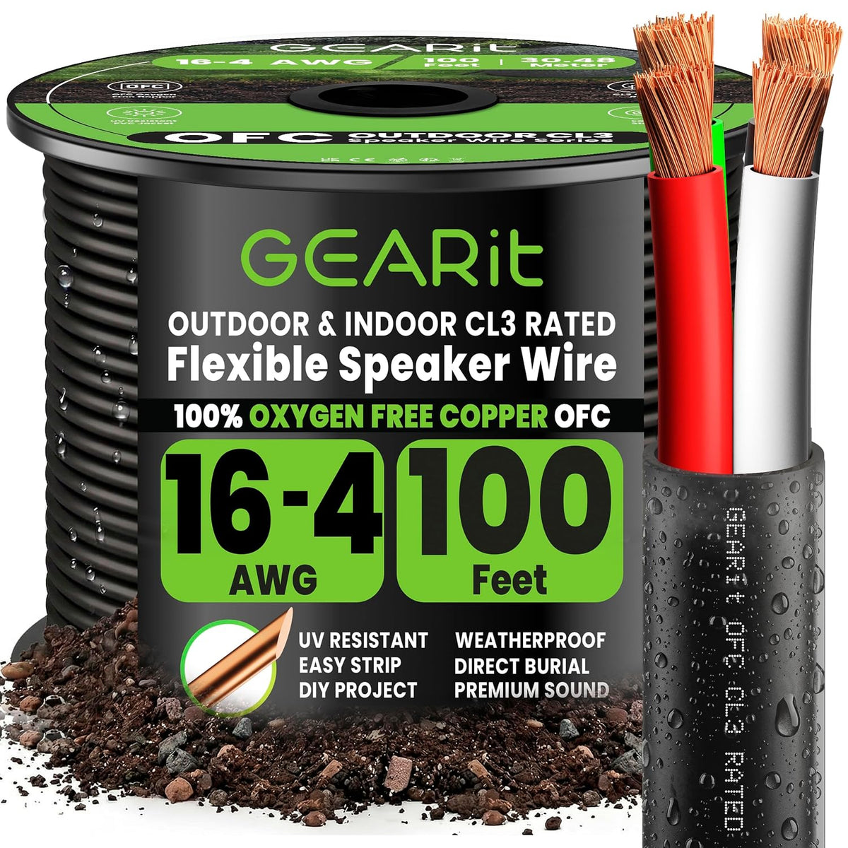 GEARit Cable de altavoz 16 AWG 100 pies, cable de cobre OFC 16/4