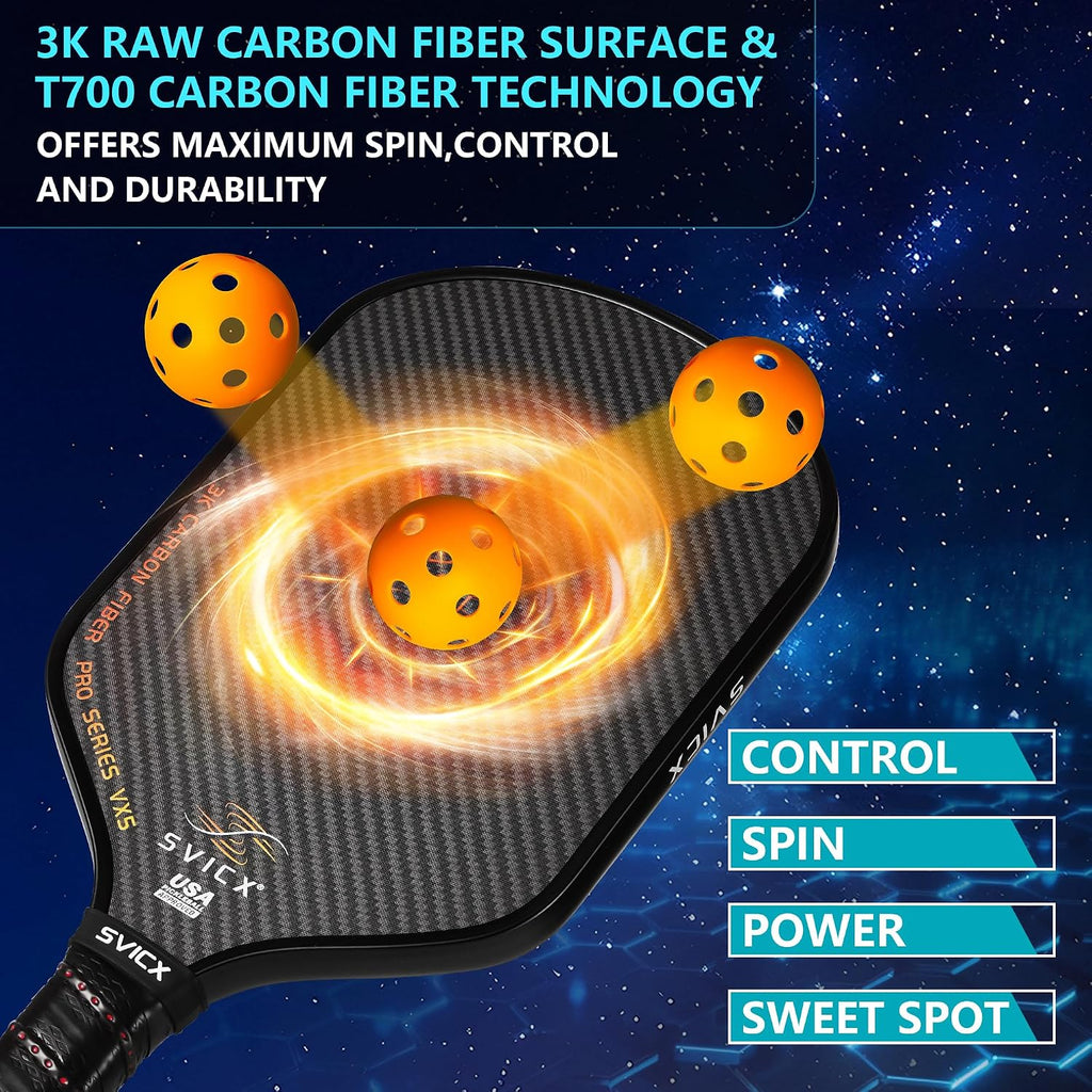 Pala de Pickleball Fibra de Carbono 16mm – Palas Profesionales de Pickleball con Control, Potencia y Efecto Superiores – Mango Alargado para Agarre a Dos Manos, Aprobada por USAPA