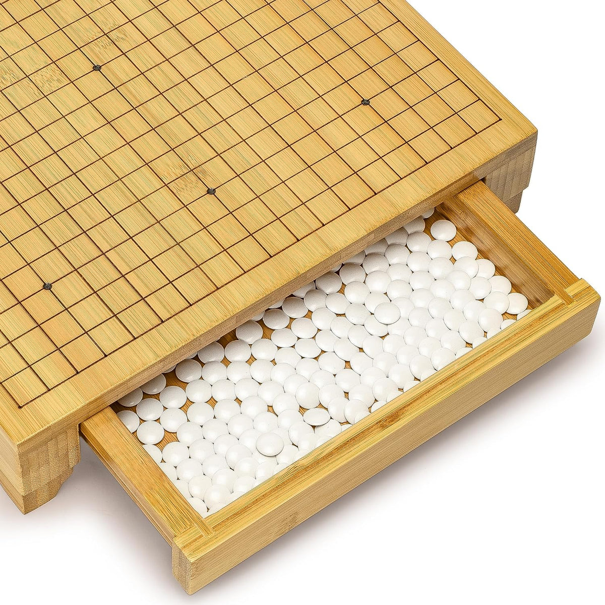 Bamboo Go Juego – Tablero de madera de 12.6 x 12.2 pulgadas con cajones de almacenamiento extraíbles y piedras de melamina convexas dobles – Juego de estrategia Baduk/Weiqi de tamaño completo Yellow Mountain Imports