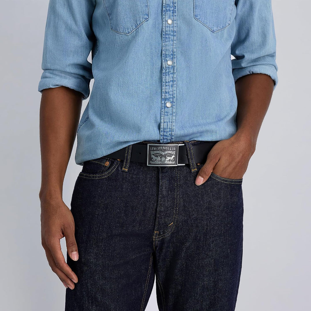 Levi's Cinturón de cuero para hombre con hebilla de placa extra...
