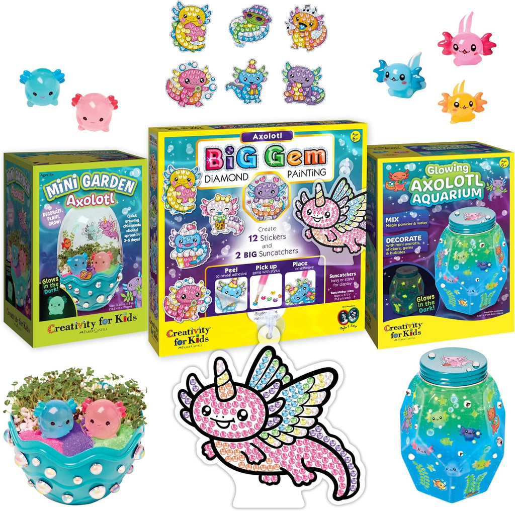 Creativity for Kids Axolotl Craft Bundle - Mini terrario de jardín, acuario brillante y kit de pintura de diamantes con calcomanías y atrapasoles (a partir de 6 años)