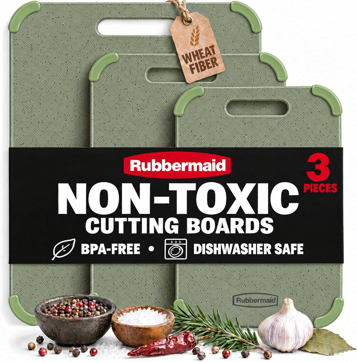 Rubbermaid Juego de 3 tablas de cortar reversibles de fibra de trigo, sin BPA, no tóxicas, aptas para lavavajillas, esquinas antideslizantes y ligeras, para carne, verduras y frutas