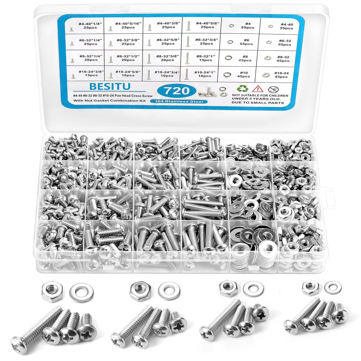 Kit surtido de tornillos de máquina de 720 piezas, #10-24#8-32#6-32#4-40 tornillos Phillips de cabeza plana con tuercas, pernos y arandelas planas surtidas, kit de tornillos de acero inoxidable con
