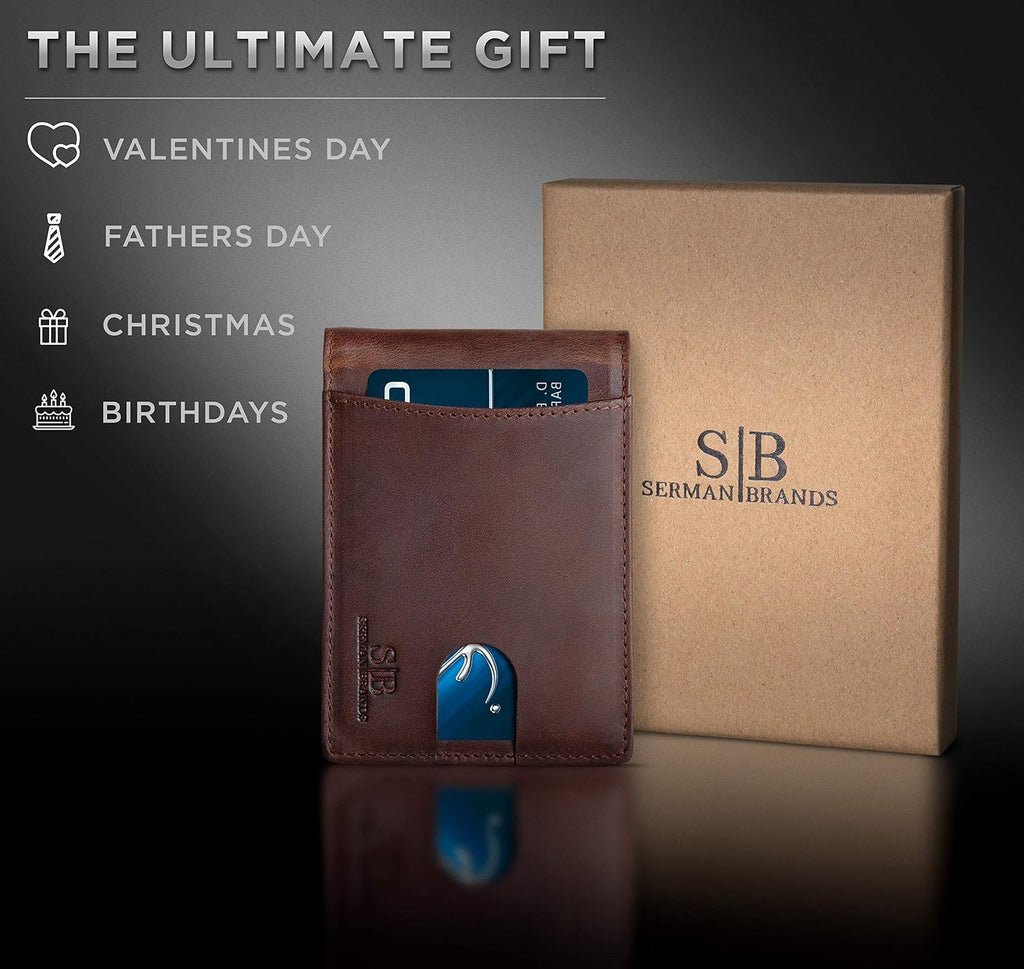 SERMAN BRANDS RFID Blocking Cartera Bifold Delgado de Cuero Genuino Minimalista para Hombre con Clip para Billetes Delgado para Regalo