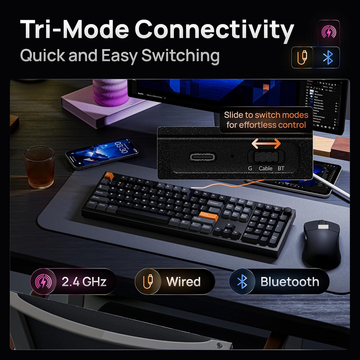 Keychron P6 Ultra Teclado Mecánico Inalámbrico de Aluminio tamaño completo, Tasa de sondeo 8K, 2.4 GHz/Bluetooth/Con cable, RGB personalizable, Hot-Swappable con Switch Silk POM Red para Mac Windows Linux - Negro