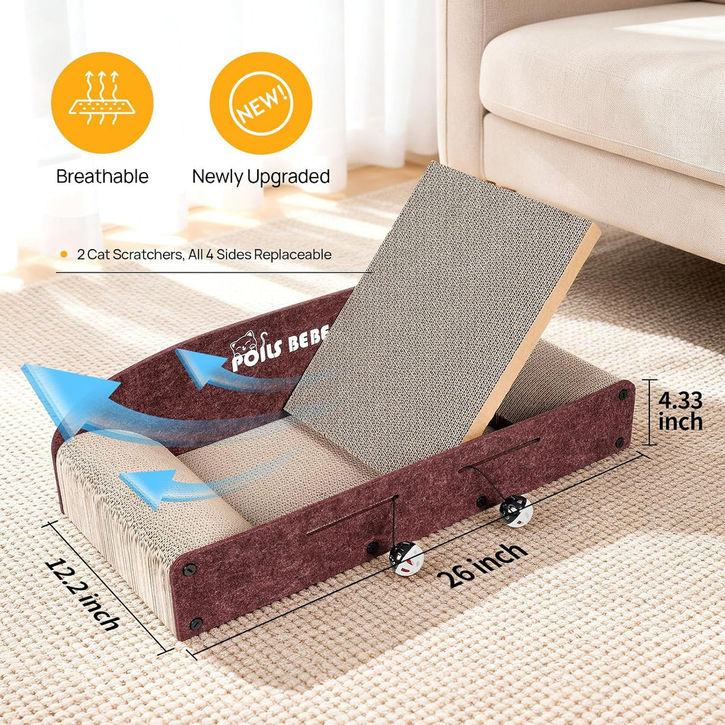 Rascador de sofá de 26 pulgadas, cartón pequeño para gatos con bolas de campana, tumbona duradera para gatos de interior, protector de muebles de arañazos para gatos con hierba gatera