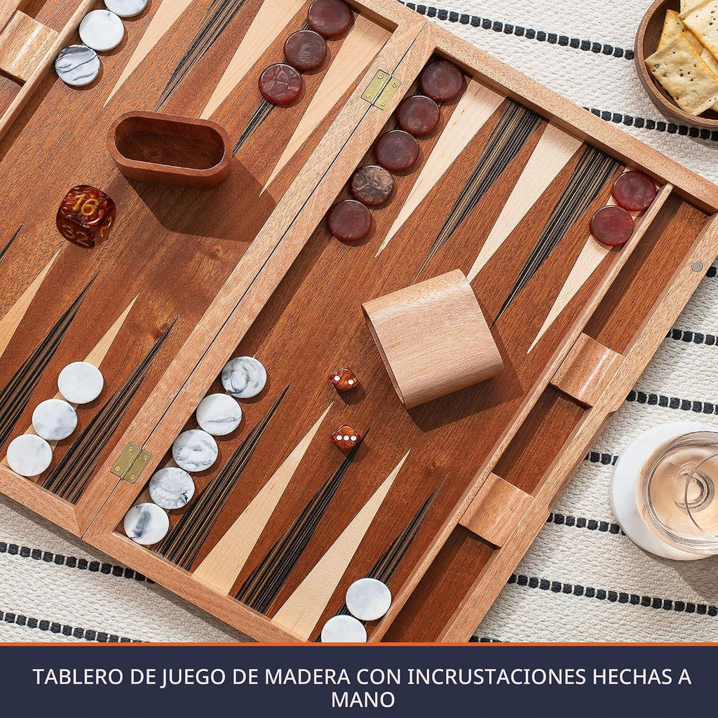 Pointworks Juegos de backgammon de 17 pulgadas para adultos. Hermoso juego de mesa de backgammon con incrustaciones de madera con damas y dados únicos. Juego de gammon de espalda grande tamaño de