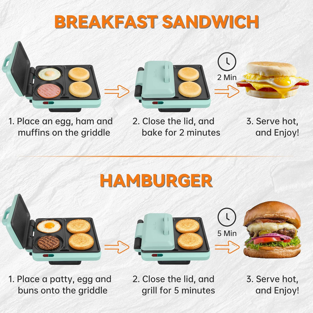 Baker's Friend Sandwichera de Desayuno, Combo de Plancha Eléctrica Antiadherente y Parrilla, Estación de Desayuno 3 en 1, Hace Sándwiches de Muffin de Huevo, Hamburguesas, Hot Dogs y Panqueques