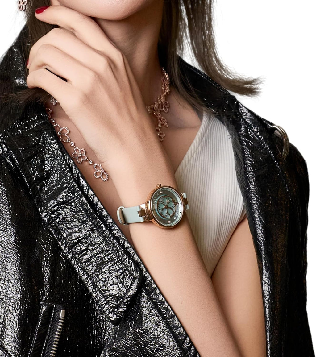 Relojes de Mujer Flor de Cerezo Reloj de Mujer Esfera de Madreperla Reloj de Dama con Correa de Cuero Forma de Pétalo Sakura Relojes de Flor de Cerezo para Mujeres Cristal de Zafiro para Durabilidad y