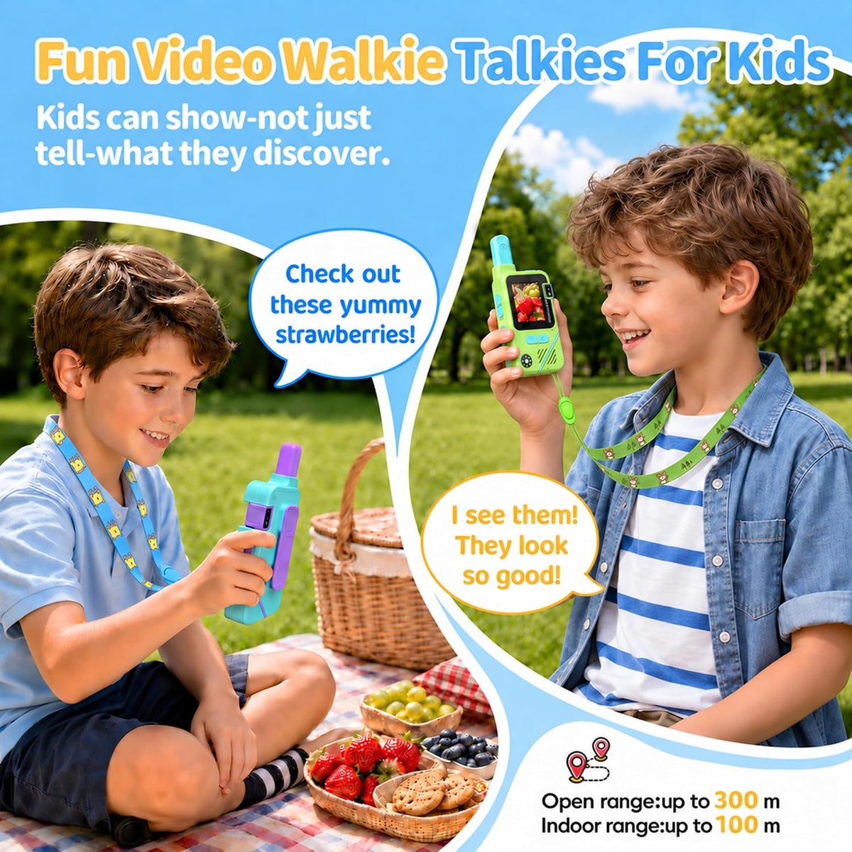Walkie Talkies de video para niños, paquete de 2 con cámara giratoria de 180°, juguetes de largo alcance, recargable, clip y cordón, regalos de cumpleaños para niños y niñas de 3 a 12 años, interiores