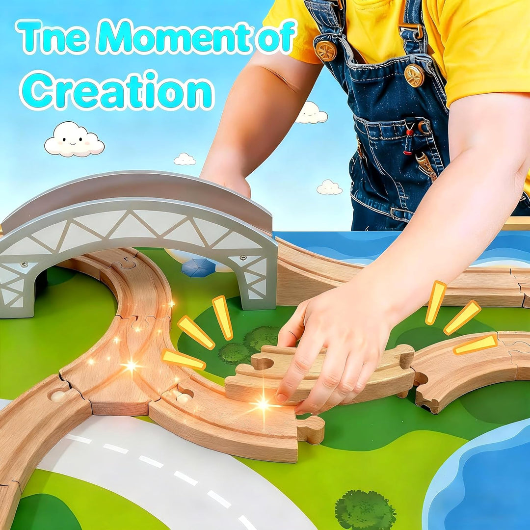 Juego de tren de madera y mesa con base de bloque de