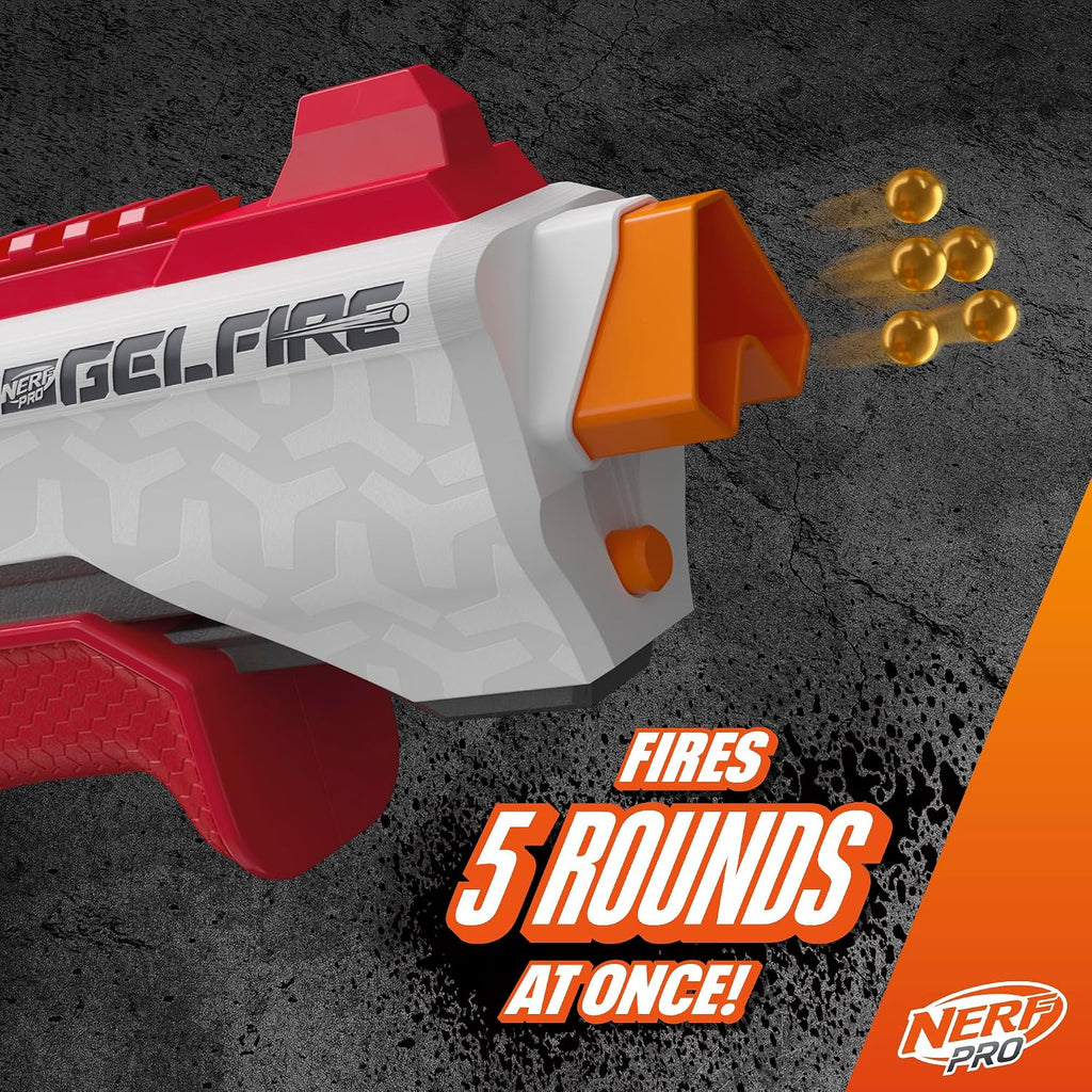 Nerf Pro Gelfire Raid Blaster, dispara 5 rondas a la vez, 10.000 rondas de gel, tolva de 800 rondas, gafas protectoras, juguetes para adolescentes de 14 años en adelante