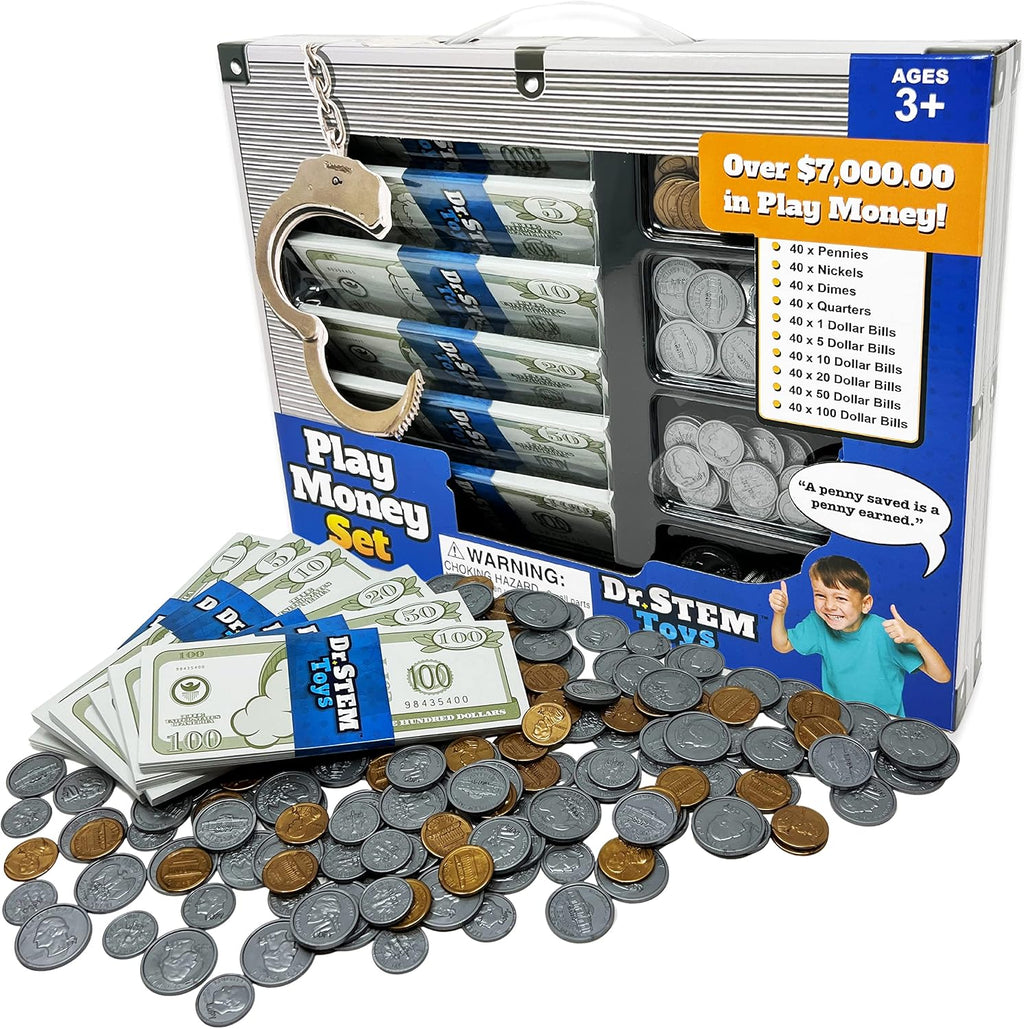 Dinero de juego para niños: el juego duradero en caja proporciona 400 piezas de billetes de dinero falsos realistas y monedas falsas para juegos de simulación, ayuda a los niños a aprender responsabilidad financiera y más
