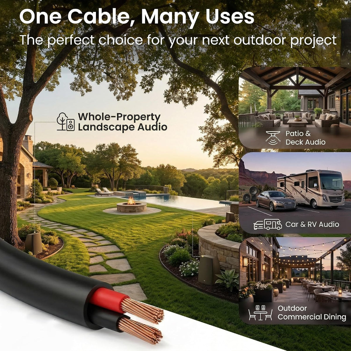 GEARit - Cable para parlante, calibre 14, cable negro de 250 ft, con