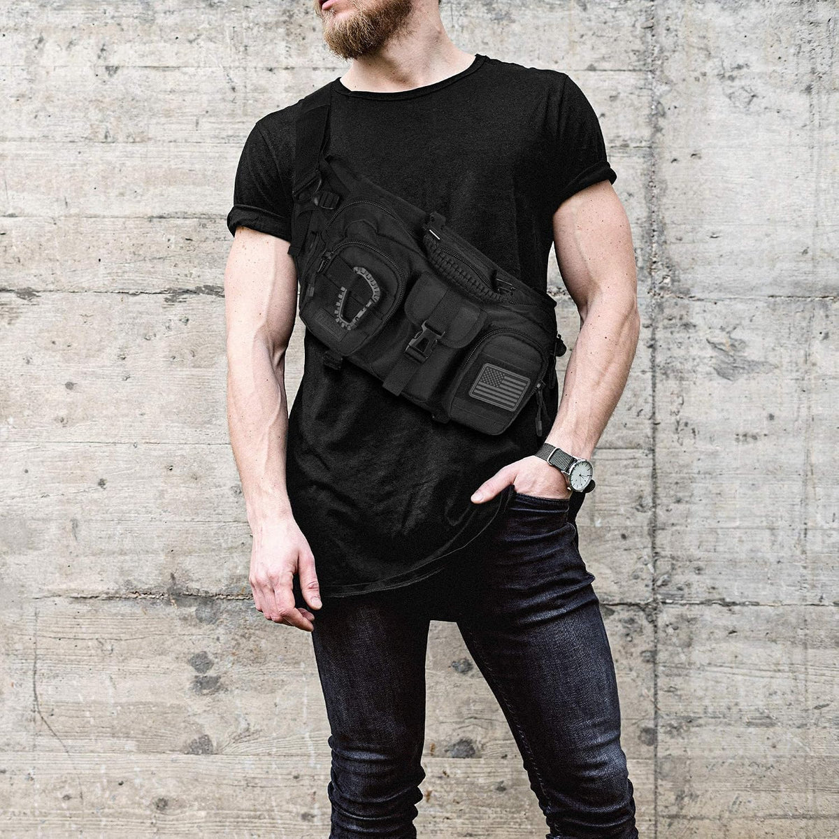 Riñonera grande inspirada en la táctica para hombres. Accesorios Techwear perfectos EDC Bag para hombres. Riñonera multifuncional, Negro -, Large 5 Bolsillos