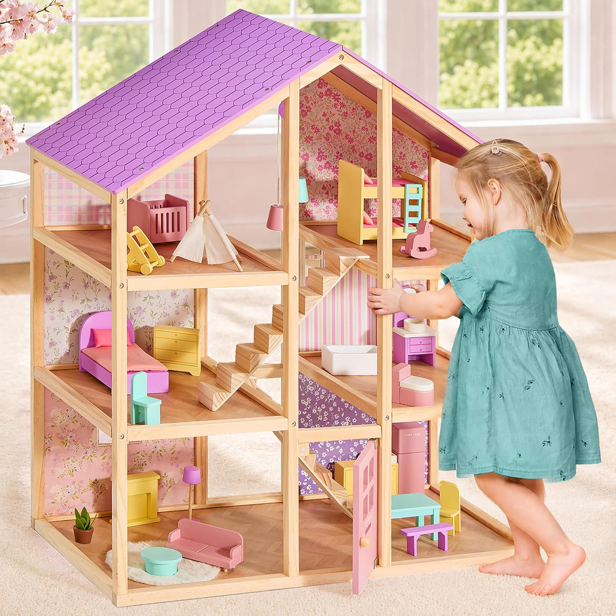 Tiny Land - Casa de muñecas de madera para niñas - Casa de muñecas de madera de 6 habitaciones
