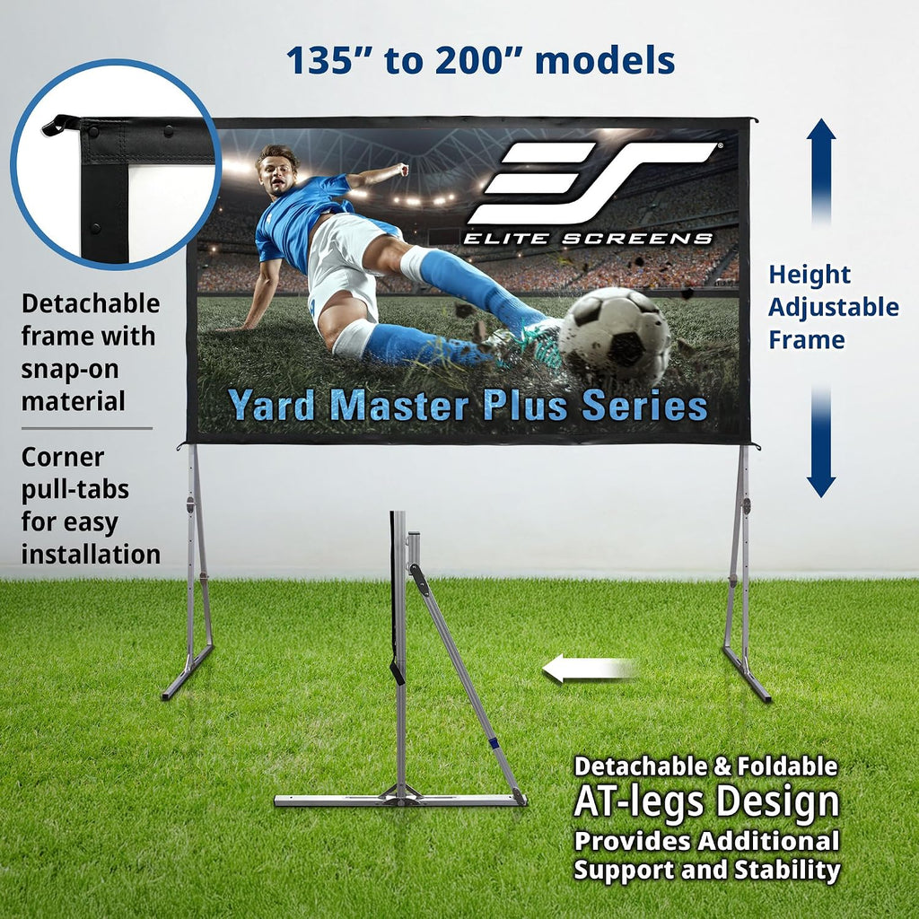 Elite Screens Yard Master Plus, pantalla portátil ajustable en altura de 145 pulgadas 16:9, pantalla de proyección para cine al aire libre y en interiores, 4K HD, proyección frontal, empresa con sede