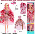 Set de 6 Muñecas Prinecess Americanas de Moda 11.5 pulgadas con Conjuntos de Vestuario, Diseños de Vestido y Accesorios como Bolso, Sombrero, Corona, Collar y Maletín (Empaque en Caja de Regalo)