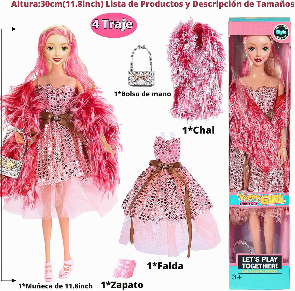 Set de 6 Muñecas Prinecess Americanas de Moda 11.5 pulgadas con Conjuntos de Vestuario, Diseños de Vestido y Accesorios como Bolso, Sombrero, Corona, Collar y Maletín (Empaque en Caja de Regalo)