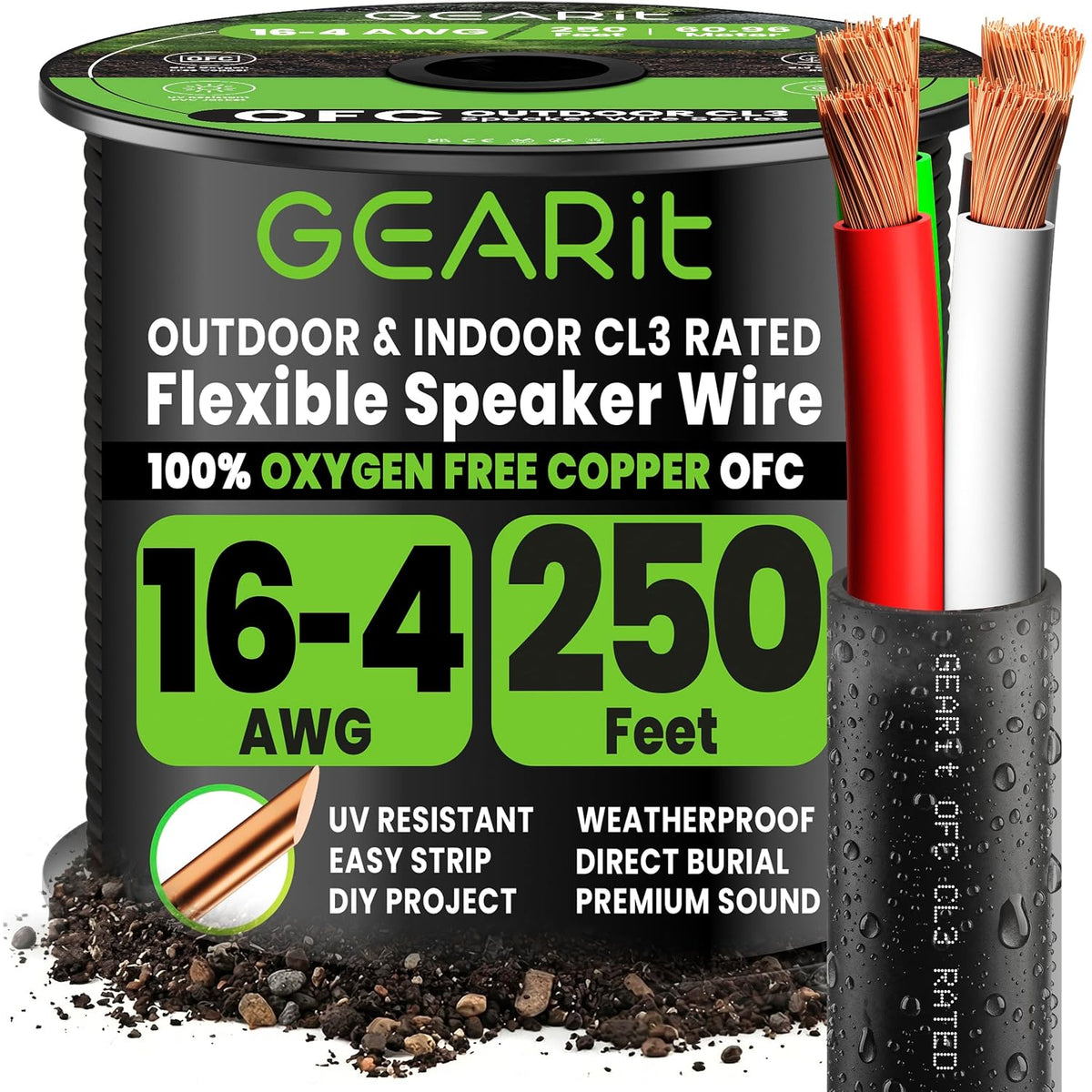 GEARit - Cable de altavoz CL3 16/4 de 250 pies, entierro directo de 4