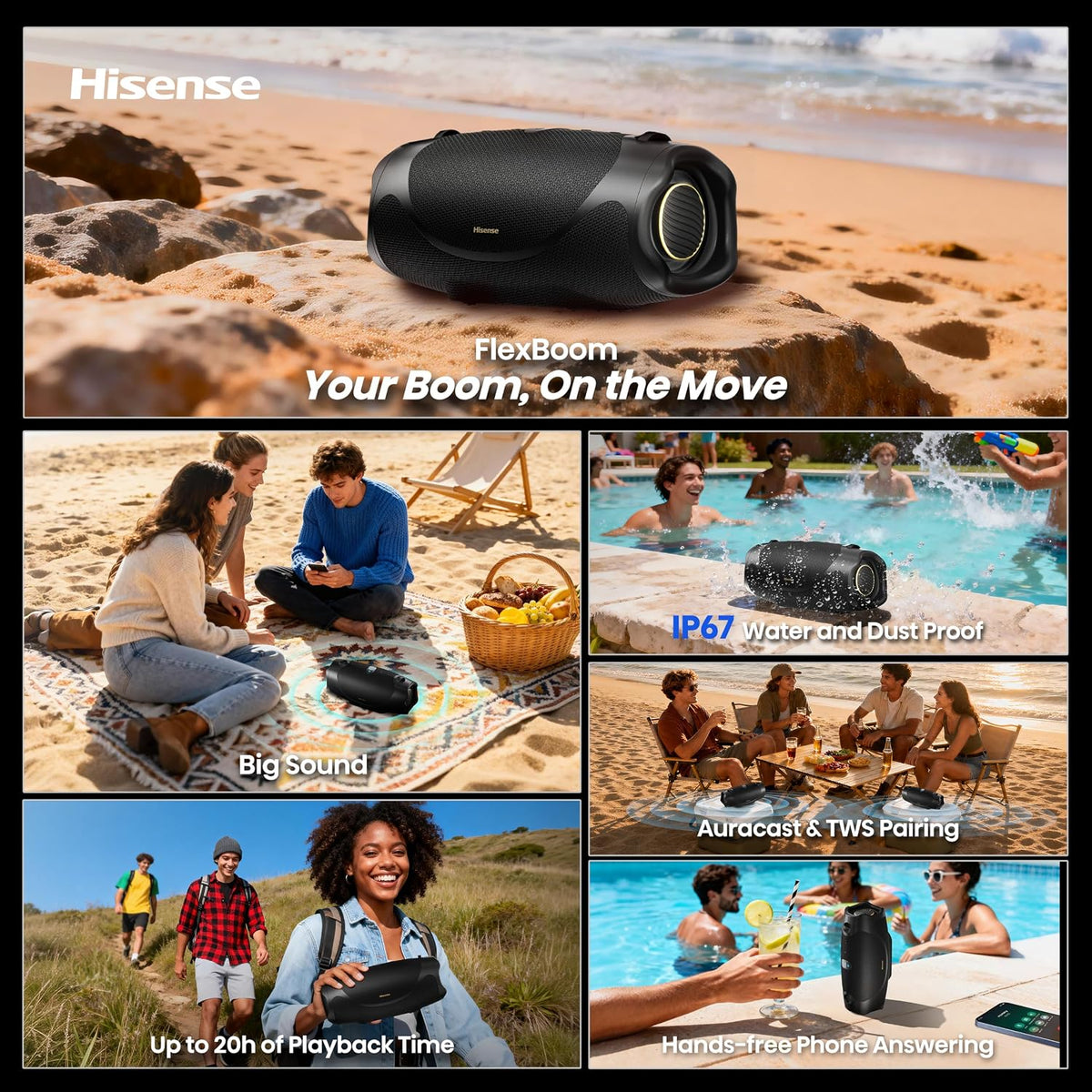 Hisense FlexBoom - Altavoz Bluetooth portátil, IP67 impermeable, a prueba de polvo y golpes, hasta 80 W de gran sonido, Bluetooth 6.0, Auracast, TWS y viene con una correa de mango desmontable
