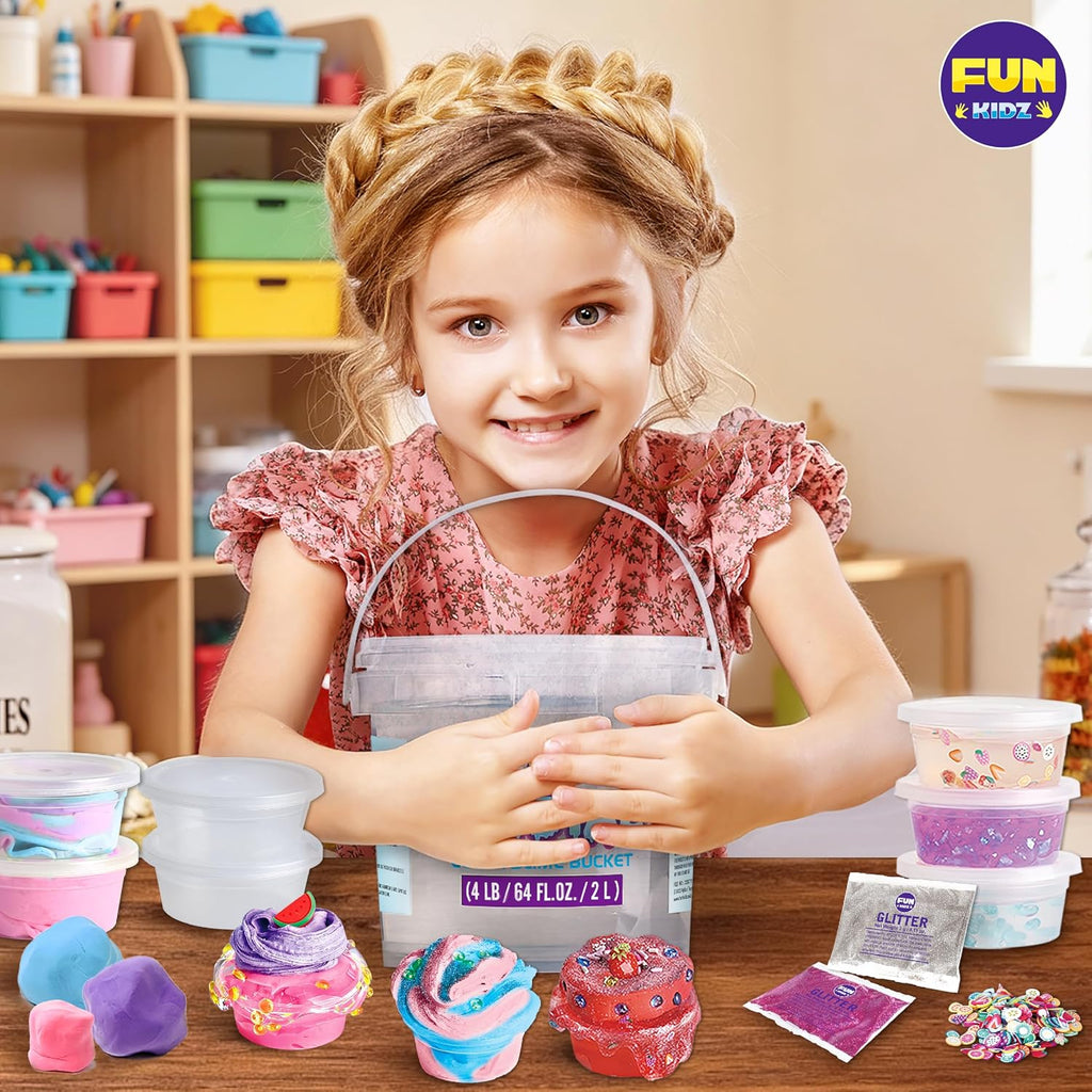 FunKidz - Juguete enorme de 4 libras para niños, cubo de slime transparente y cristalino de 64 onzas líquidas, regalo con 29 juegos de complementos, kit de slime jumbo para niñas y niños regalo de