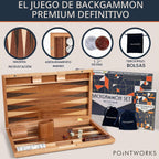 Pointworks Juegos de backgammon de 17 pulgadas para adultos. Hermoso juego de mesa de backgammon con incrustaciones de madera con damas y dados únicos. Juego de gammon de espalda grande tamaño de