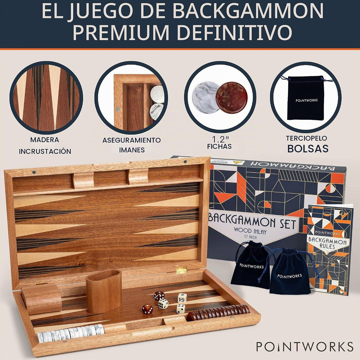 Pointworks Juegos de backgammon de 17 pulgadas para adultos. Hermoso juego de mesa de backgammon con incrustaciones de madera con damas y dados únicos. Juego de gammon de espalda grande tamaño de