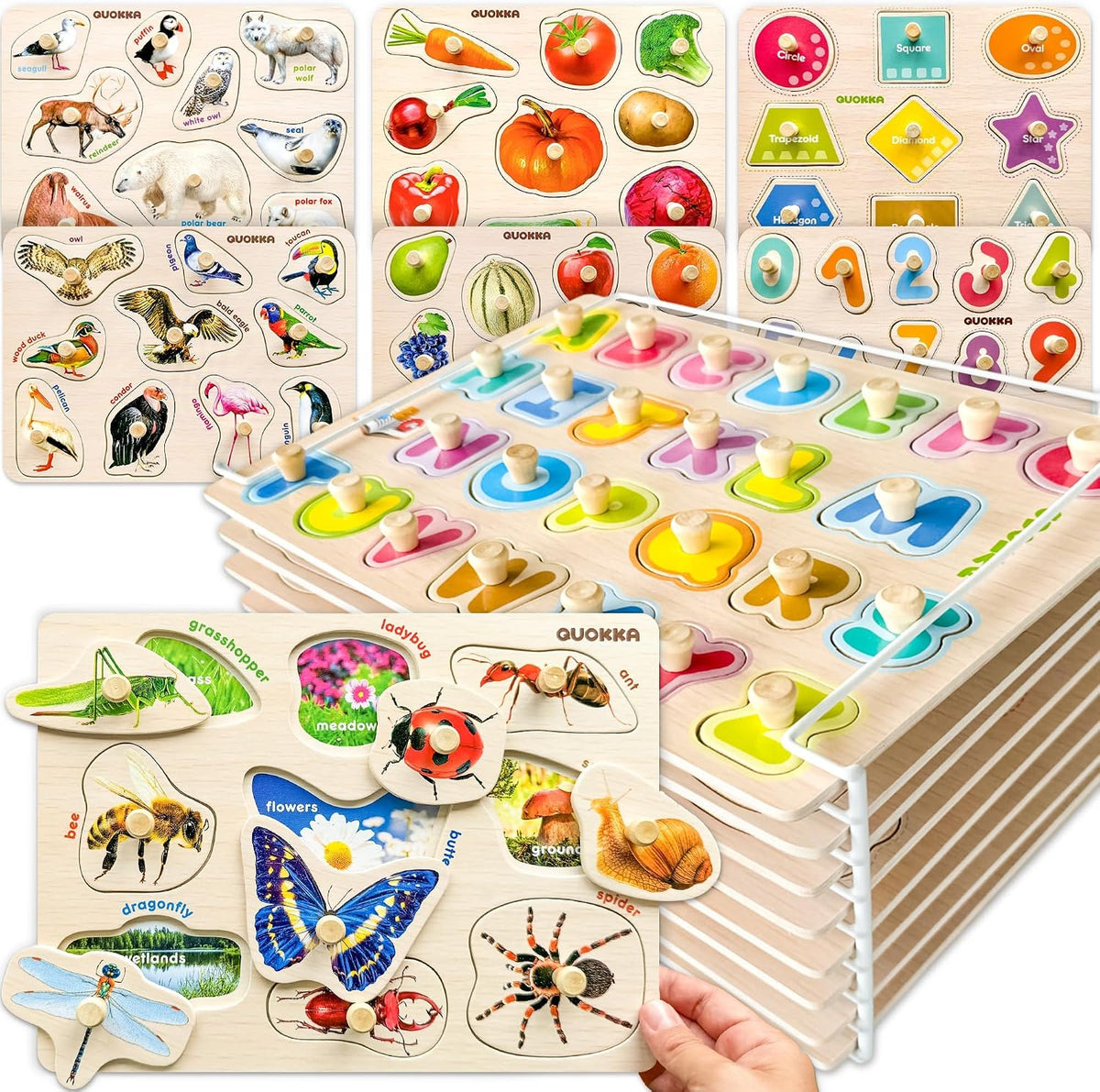 8 rompecabezas de madera para niños pequeños de 1-3 años - rompecabezas Montessori para edades 2-4 en un estante