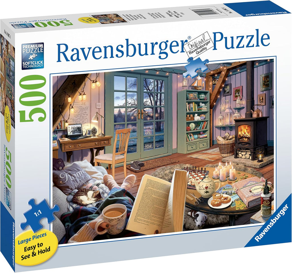 Ravensburger - Cozy Retreat - Rompecabezas de 500 piezas de gran formato - Disfruta de la serenidad de una escena simple, completo con té y un buen libro - Calidad premium - Rompecabezas para adultos