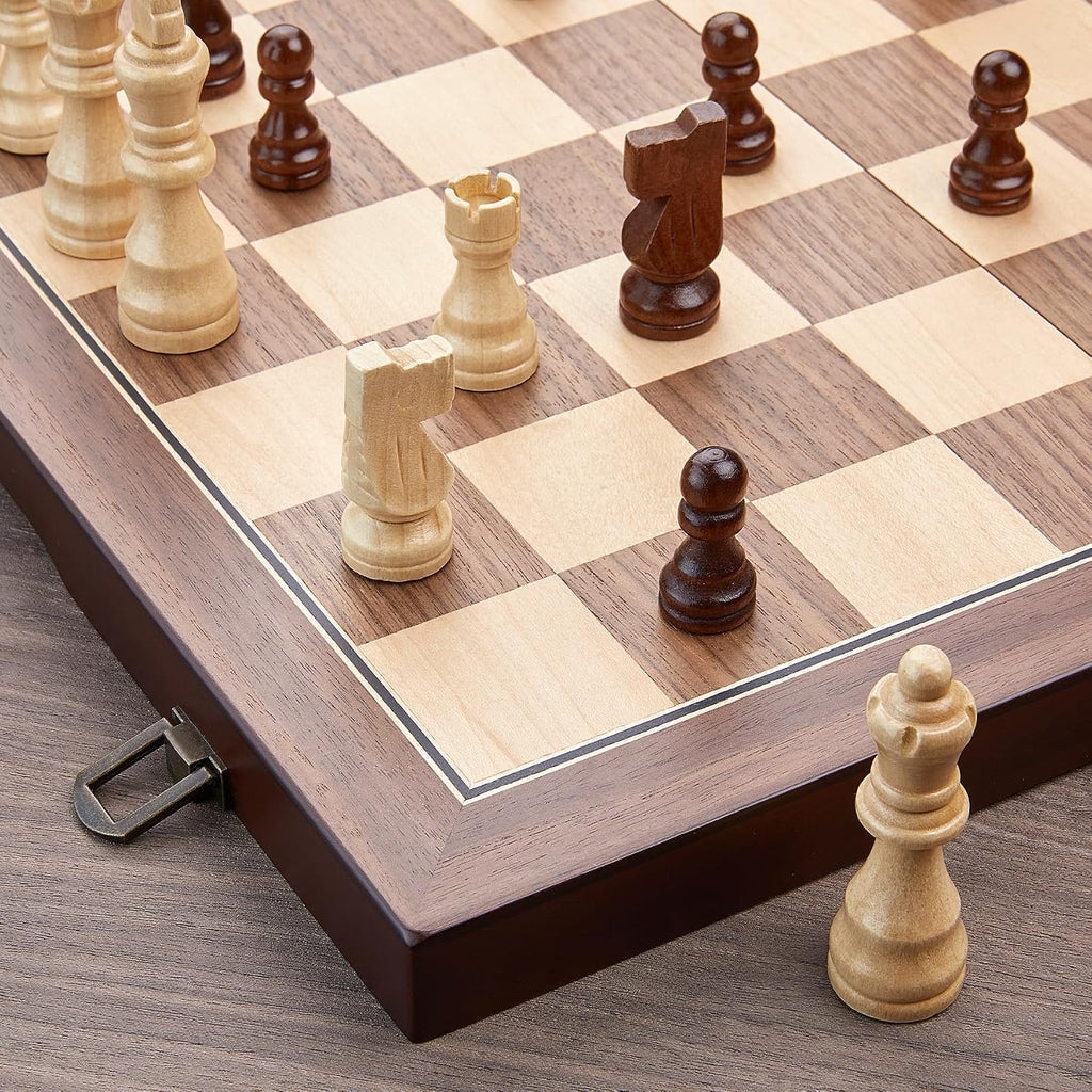 AMEROUS - Juego de ajedrez magnético de madera de 15 pulgadas para adultos y niños - con tablero plegable, paquete de regalo, ranuras de almacenamiento para piezas, piezas hechas a mano, juego de mesa