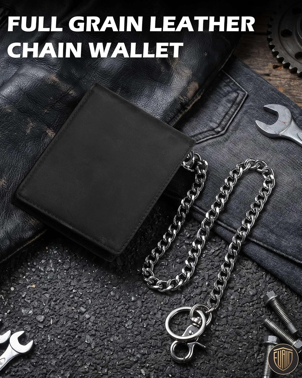Cartera de piel auténtica con cadena para hombre: cartera RFID para