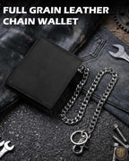 Cartera de piel auténtica con cadena para hombre: cartera RFID para