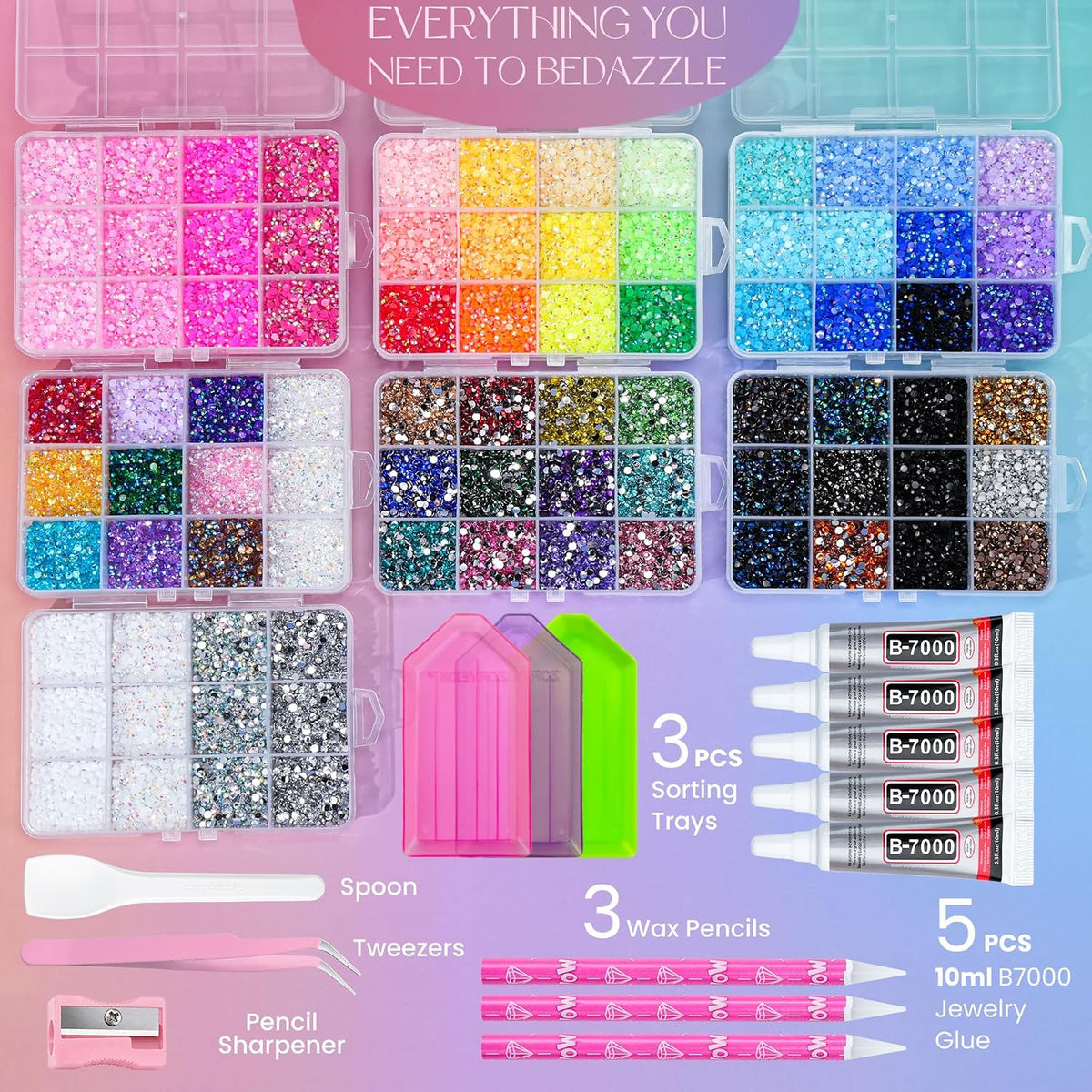 Kit de 120,000 piezas de diamantes de imitación de gelatina con 84 colores en 7 cajas, kit Bedazzler con diamantes de imitación de resina de 0.118 in, incluye 5 pegamentos y herramientas para arte de
