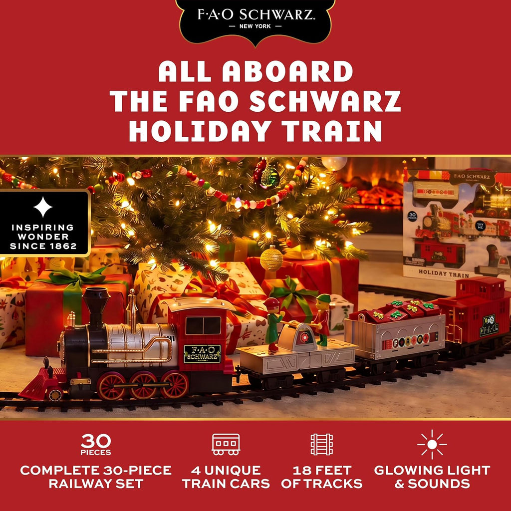 FAO Schwarz Juego de tren navideño motorizado de 30 piezas con pista de 18