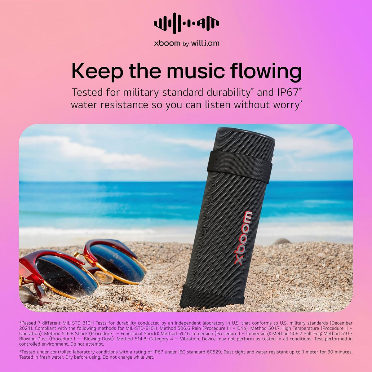 LG xboom Grab by will.i.am, altavoz Bluetooth portátil para deportes y atletas, hasta 20 horas, IP67 resistente al polvo y al agua, correas de transporte ajustables. Perfecto para ciclismo y senderismo